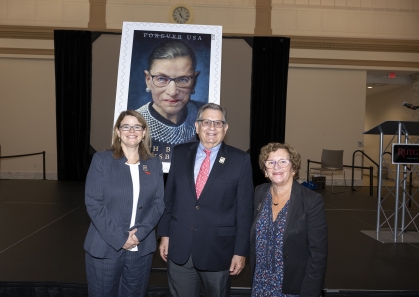 (l. to r.) Rutgers Law Dean Johanna Bond; Brett S. Harwood, executor of the Stephanie and Harold Krieger Estate and Rutgers-Newark Chancellor Nancy Cantor.