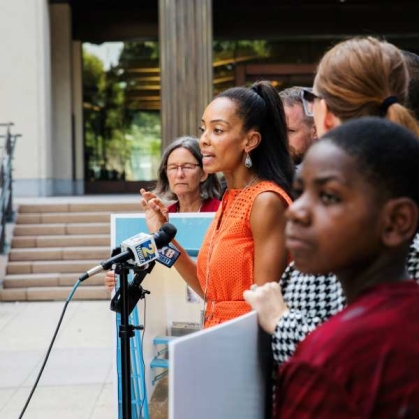 Odoms RC'02, NLAW'08 speaking to media in 2023 about an emergency action asking for children to be removed from the Louisiana State Penitentiary, known as Angola.